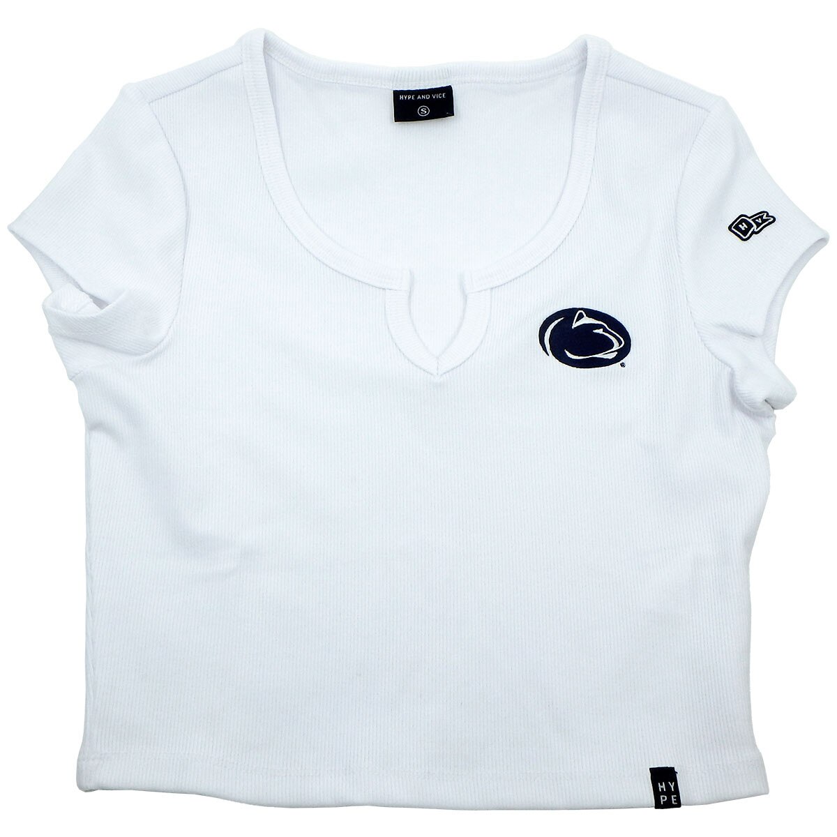 women's white crop Cali t-shirt with stitched Penn State Athletic Logo